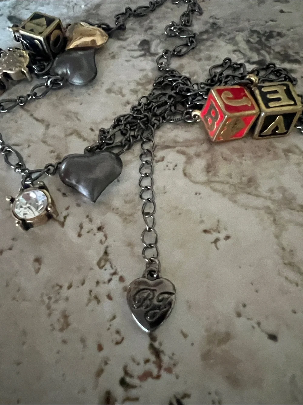 Betsey Johnson Gunmetal Chain Necklace with Gold and Red Block Charms